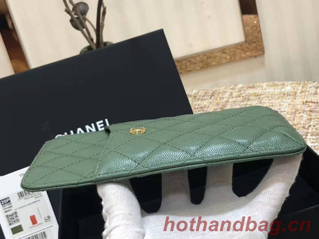 Chanel Calfskin Leather Card packet & Gold-Tone Metal A81598 green