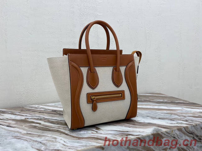 CELINE MICRO LUGGAGE HANDBAG IN TEXTILE AND CALFSKIN 167793 TAN&WHITE