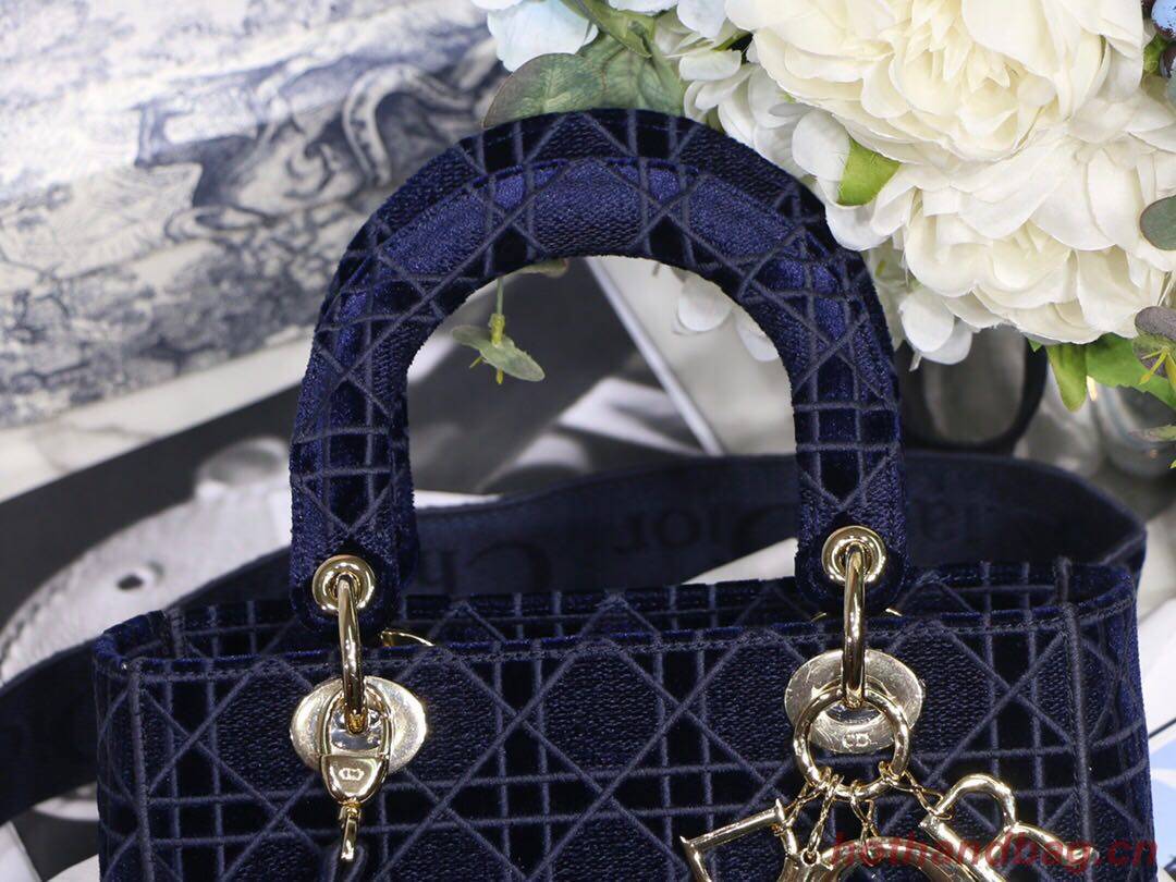 DIOR MEDIUM LADY D-LITE BAG Blue Cannage Embroidered Velvet M0565