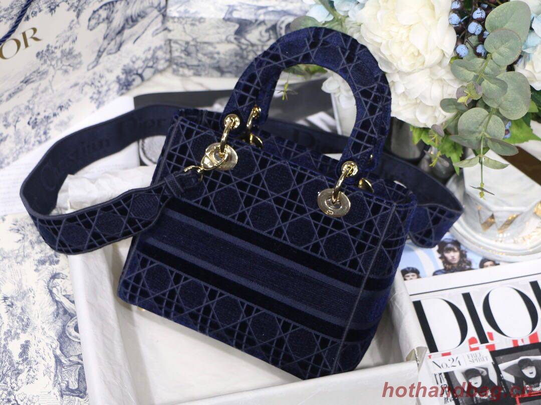 DIOR MEDIUM LADY D-LITE BAG Blue Cannage Embroidered Velvet M0565