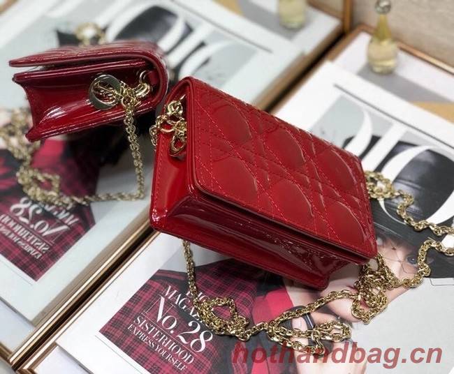 LADY DIOR 5-GUSSET CARD HOLDER WITH CHAIN Patent Cannage Calfskin S0859 red