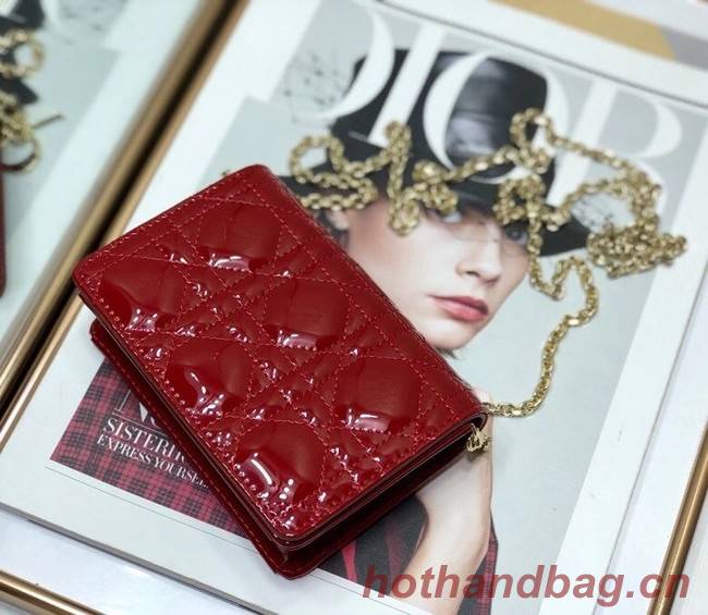 LADY DIOR 5-GUSSET CARD HOLDER WITH CHAIN Patent Cannage Calfskin S0859 red