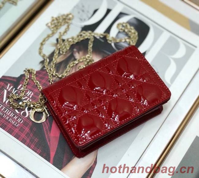 LADY DIOR 5-GUSSET CARD HOLDER WITH CHAIN Patent Cannage Calfskin S0859 red