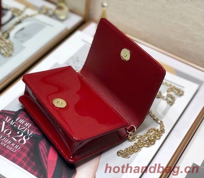 LADY DIOR 5-GUSSET CARD HOLDER WITH CHAIN Patent Cannage Calfskin S0859 red