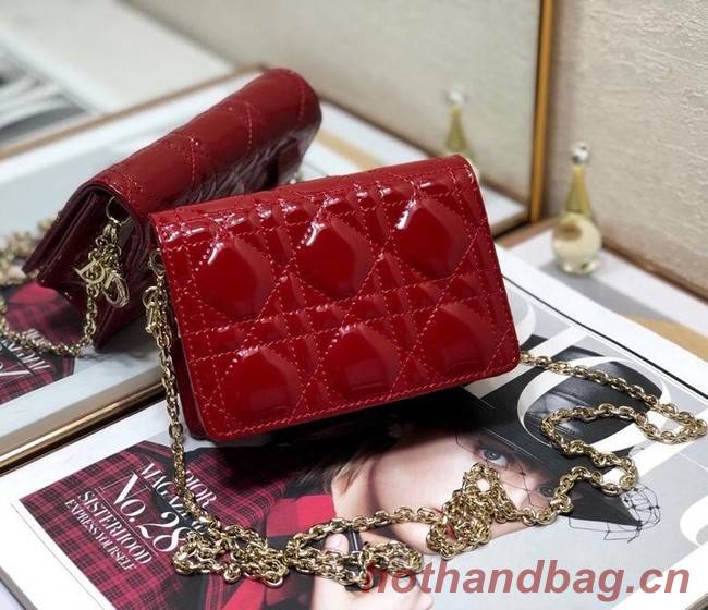 LADY DIOR 5-GUSSET CARD HOLDER WITH CHAIN Patent Cannage Calfskin S0859 red