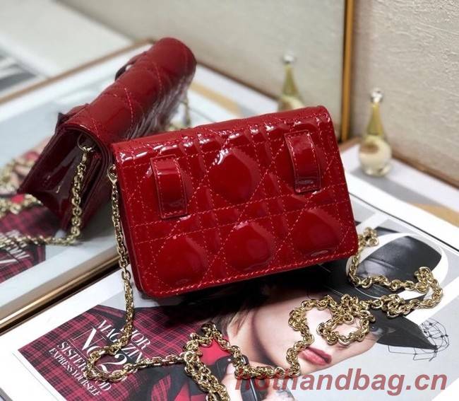 LADY DIOR 5-GUSSET CARD HOLDER WITH CHAIN Patent Cannage Calfskin S0859 red