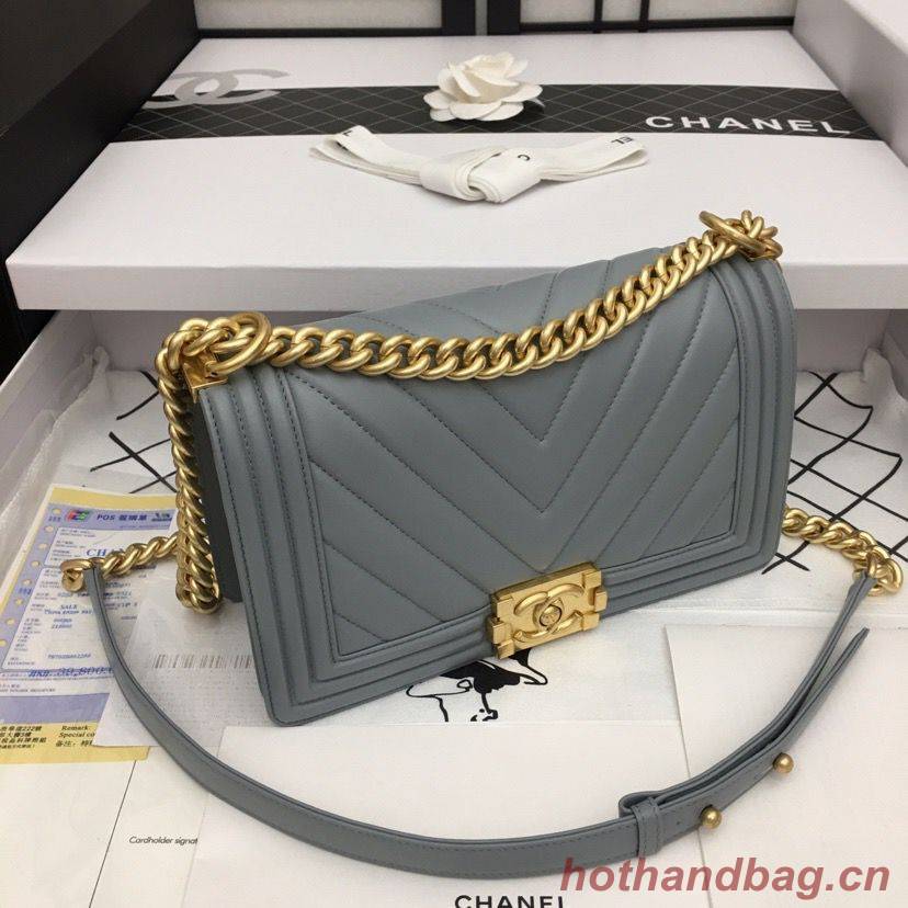 Boy Chanel Flap Bag Original Chevron Leather Gray A67086V Frosted Golden Buckle