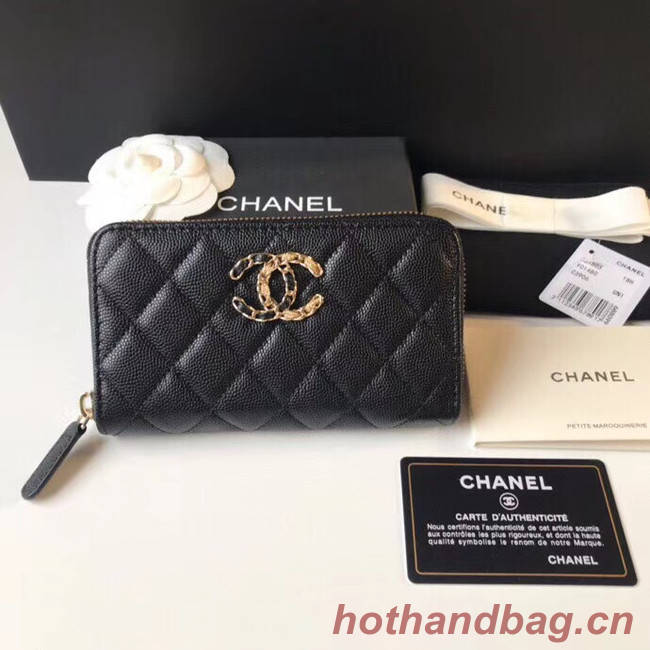 CHANEL 19 Grained Calfskin & Gold-Tone Metal Wallet AP1837 black