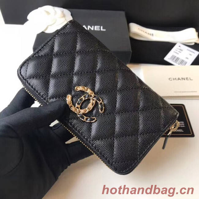 CHANEL 19 Grained Calfskin & Gold-Tone Metal Wallet AP1837 black