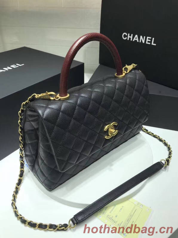 Chanel flap bag with red top handle A92991 black