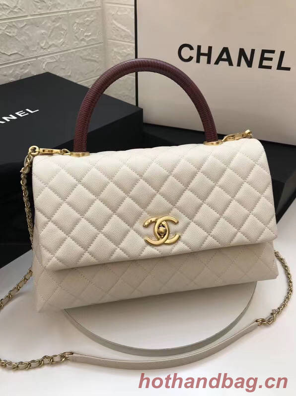 Chanel flap bag with red top handle A92991 white