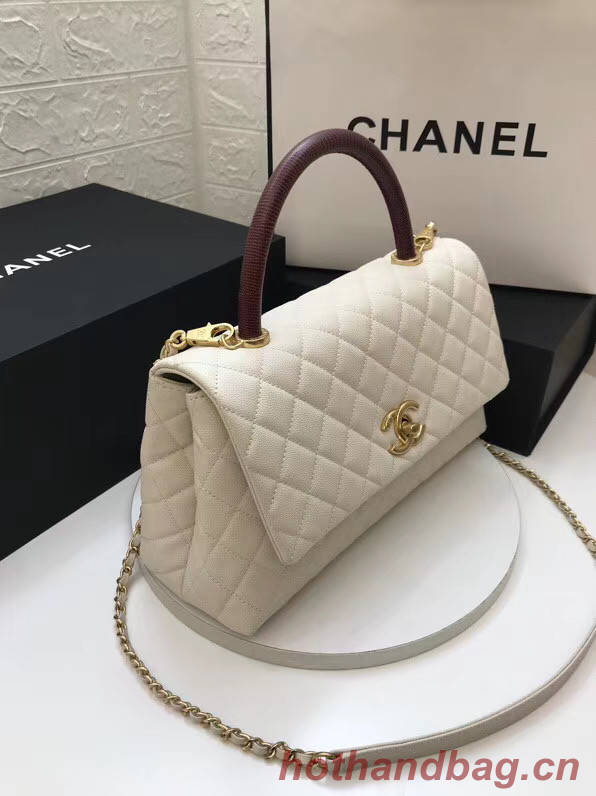 Chanel flap bag with red top handle A92991 white