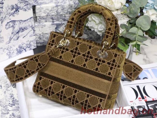 MEDIUM LADY D-LITE BAG Brown Cannage Embroidered Velvet M0565OW