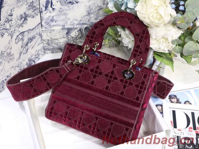 MEDIUM LADY D-LITE BAG Burgundy Cannage Embroidered Velvet M0565OW