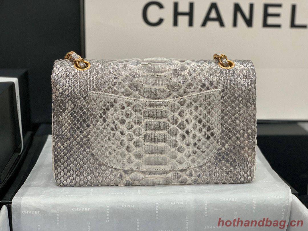 Chanel Classic Handbag Python Leather Silver A01112 Gold Hardware