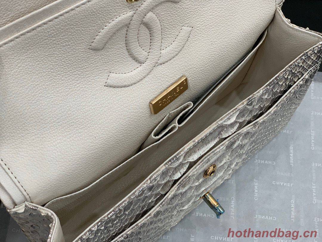 Chanel Classic Handbag Python Leather Silver A01112 Gold Hardware