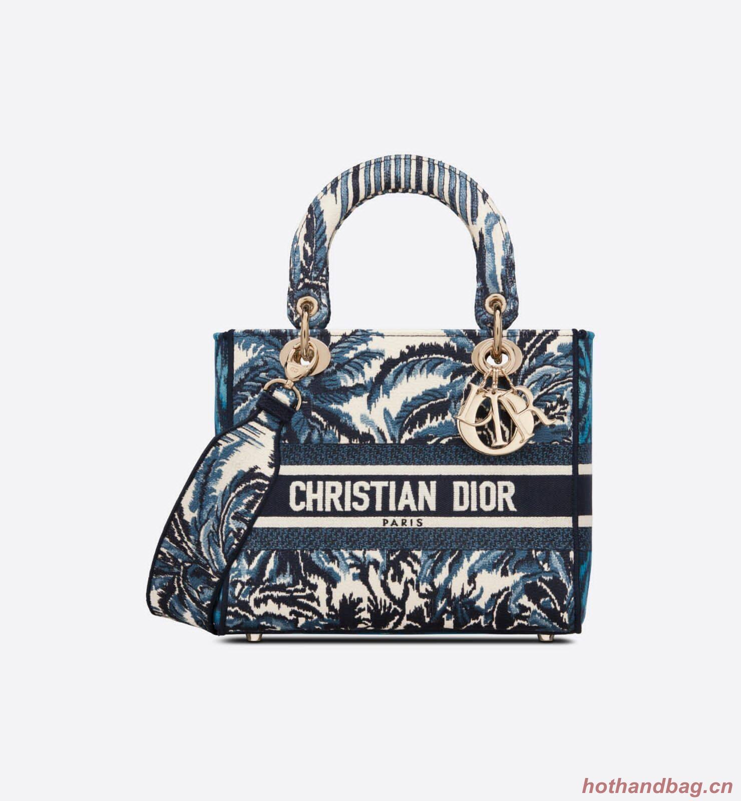 DIOR MEDIUM LADY D-LITE BAG Dark Blue Tree Cannage Embroidery M0565OREY Blue