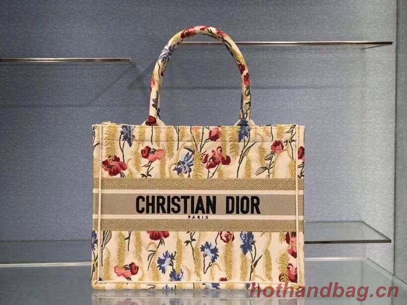 SMALL DIOR BOOK TOTE Beige Multicolor Dior Hibiscus Metallic Thread Embroidery M1296