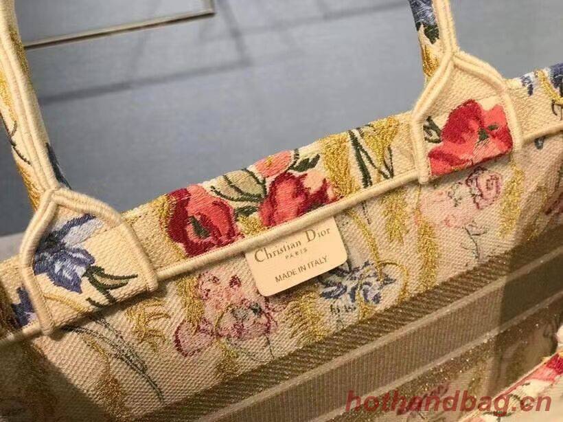 SMALL DIOR BOOK TOTE Beige Multicolor Dior Hibiscus Metallic Thread Embroidery M1296