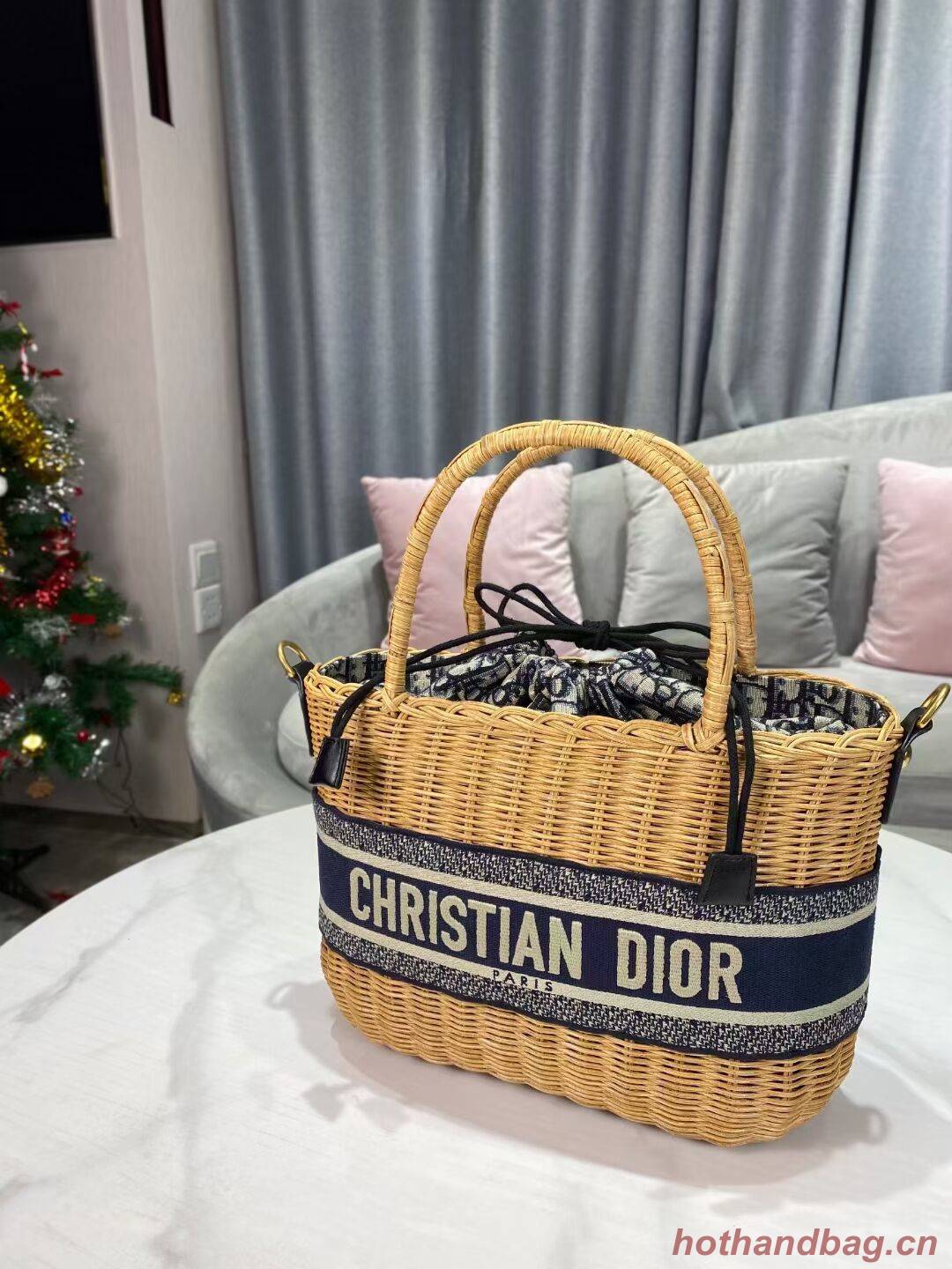 DIOR WICKER BASKET BAG Blue Dior Oblique Jacquard and Natural Wicker M7601