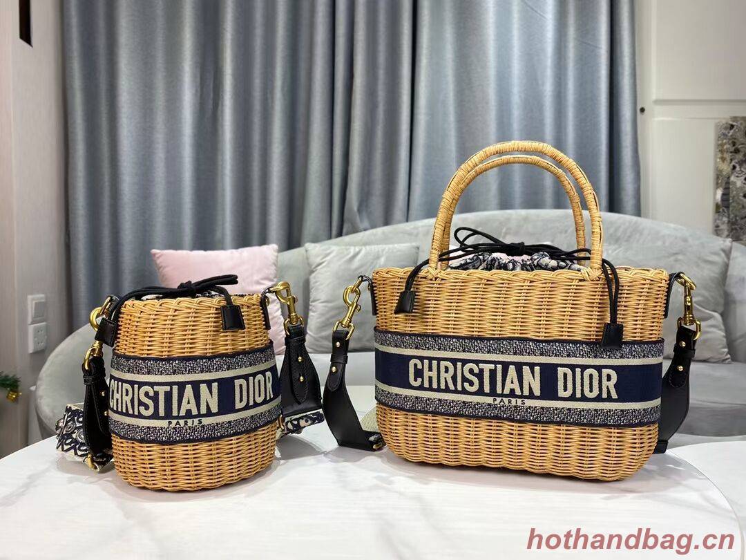 DIOR WICKER BASKET BAG Blue Dior Oblique Jacquard and Natural Wicker M7601