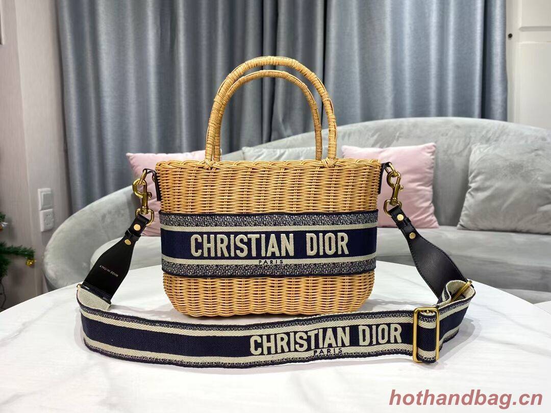 DIOR WICKER BASKET BAG Blue Dior Oblique Jacquard and Natural Wicker M7601