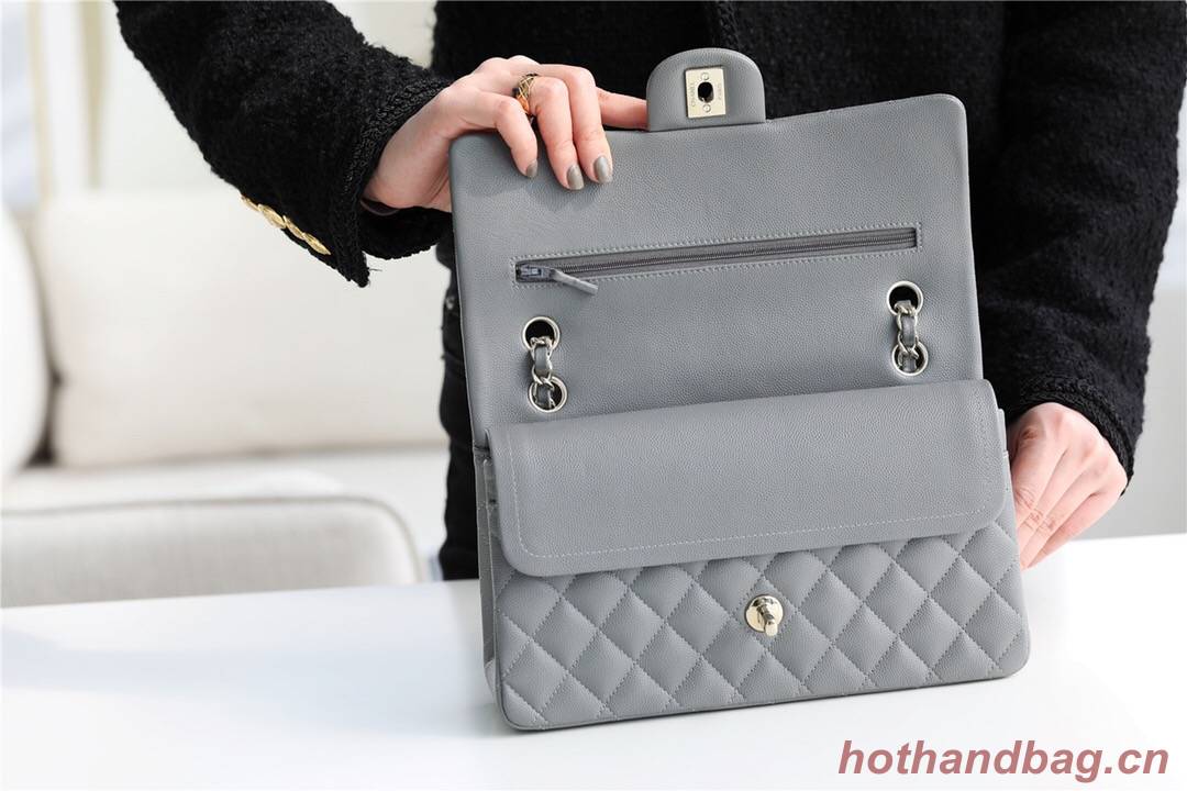 Chanel Classic Handbag Grained Calfskin & silver-Tone Metal A1112 grey