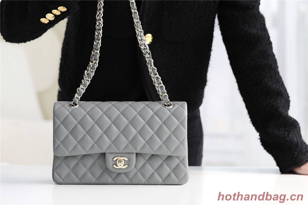 Chanel Classic Handbag Grained Calfskin & silver-Tone Metal A1112 grey