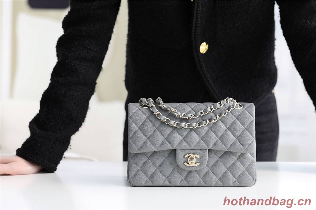 Chanel Small Classic Handbag Grained Calfskin & silver-Tone Metal A01113 grey