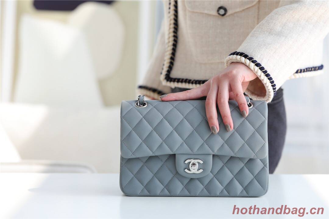 Chanel Small Classic Handbag Sheepskin & silver-Tone Metal A01113 grey