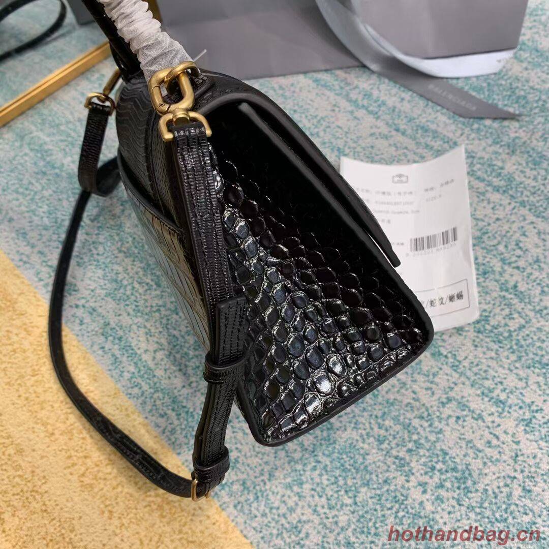 Balenciaga Hourglass Small Top Handle Bag crocodile embossed calfskin B108891E black