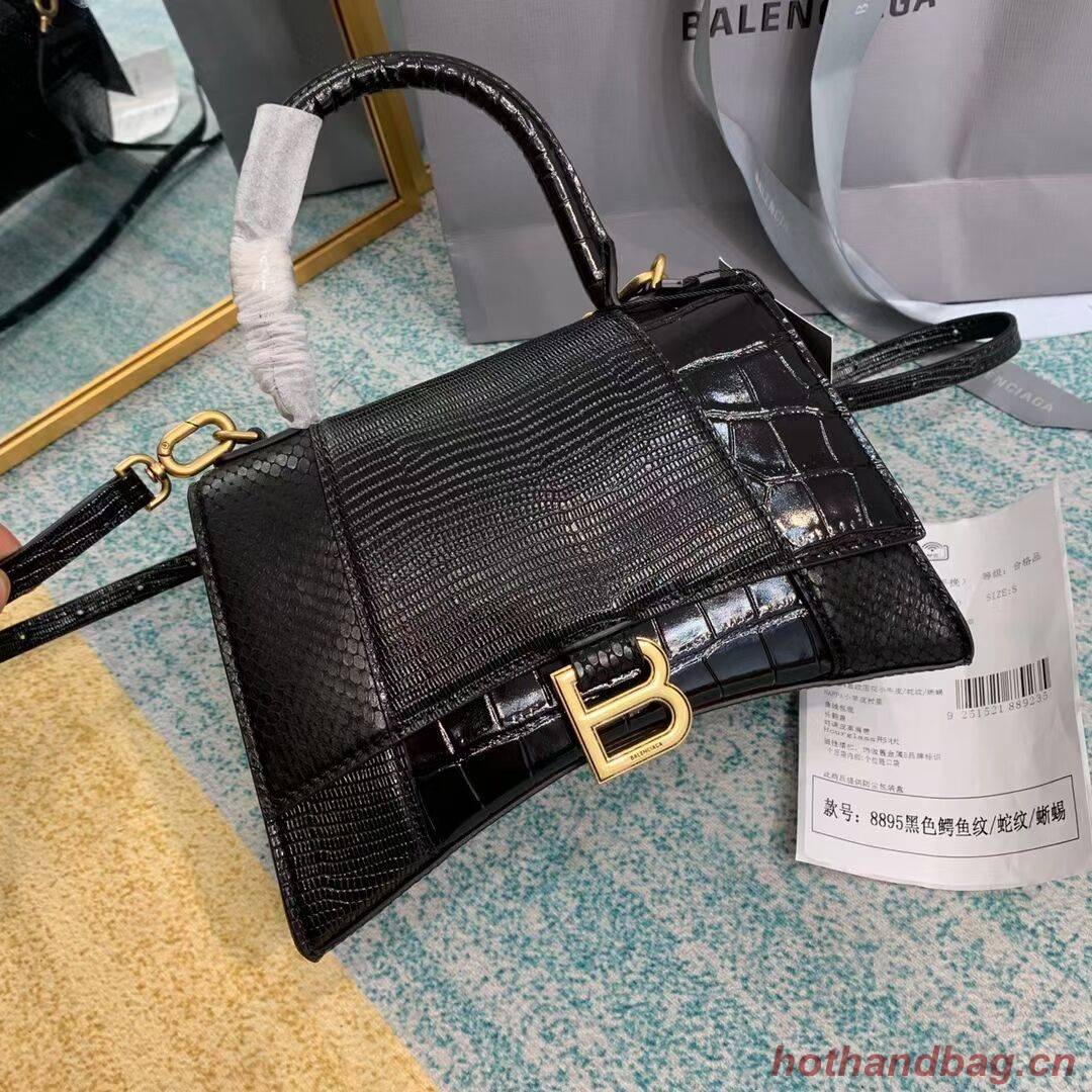 Balenciaga Hourglass Small Top Handle Bag crocodile embossed calfskin B108891E black