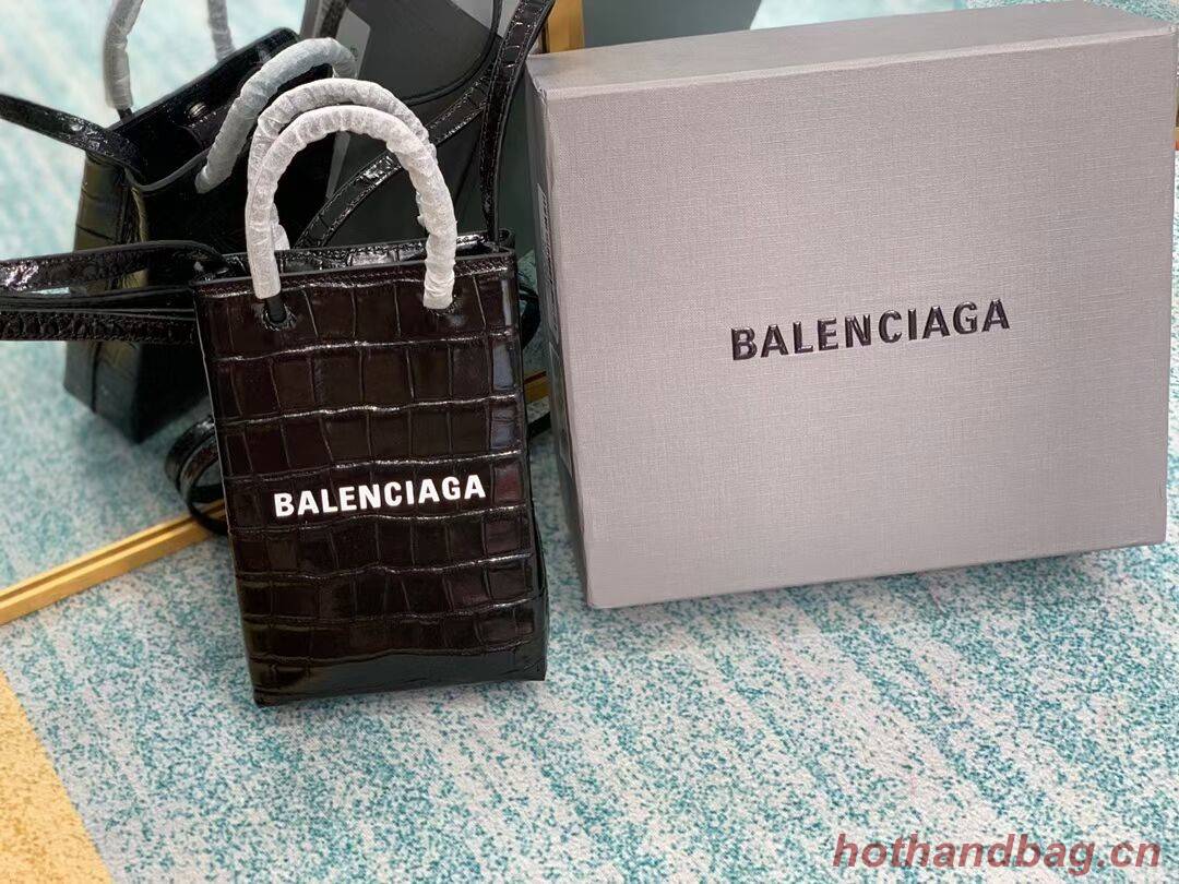 Balenciaga Original shiny crocodile embossed leather Mini Shopper Bag B152865 black