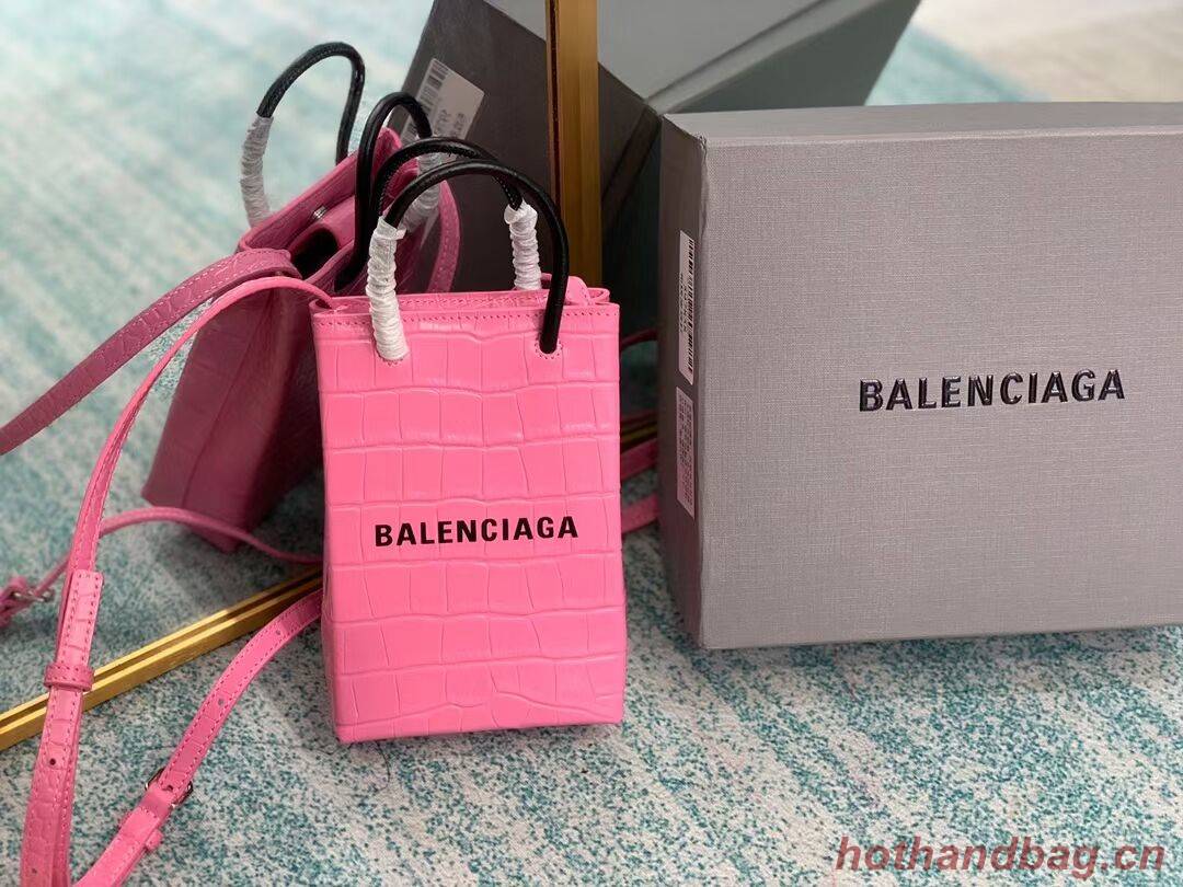 Balenciaga Original shiny crocodile embossed leather Mini Shopper Bag B152865 pink