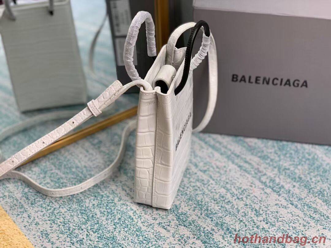 Balenciaga Original shiny crocodile embossed leather Mini Shopper Bag B152865 white