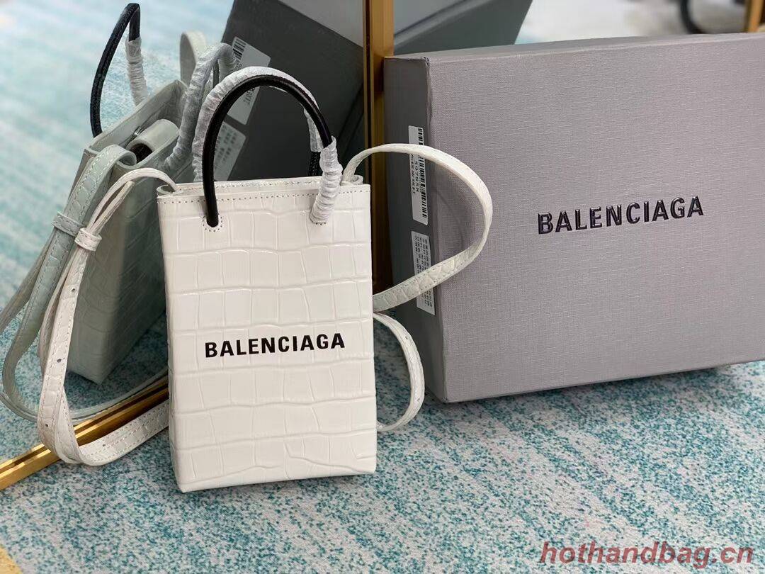 Balenciaga Original shiny crocodile embossed leather Mini Shopper Bag B152865 white