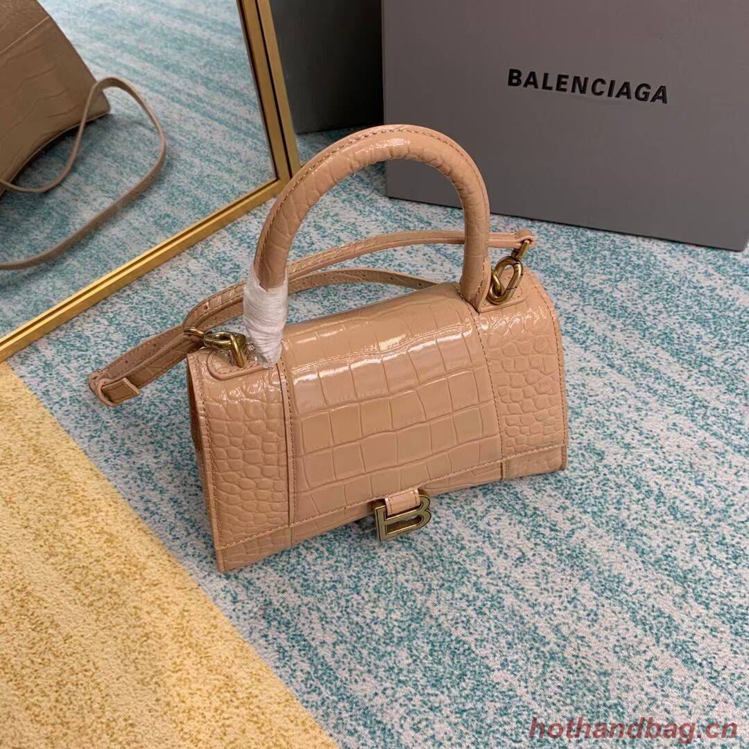 Balenciaga HOURGLASS SMALL TOP HANDLE BAG crocodile embossed calfskin B108895E apricot