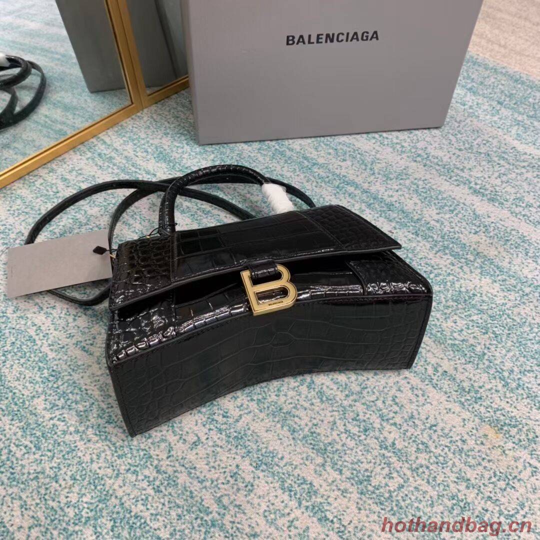 Balenciaga HOURGLASS SMALL TOP HANDLE BAG crocodile embossed calfskin B108895E black