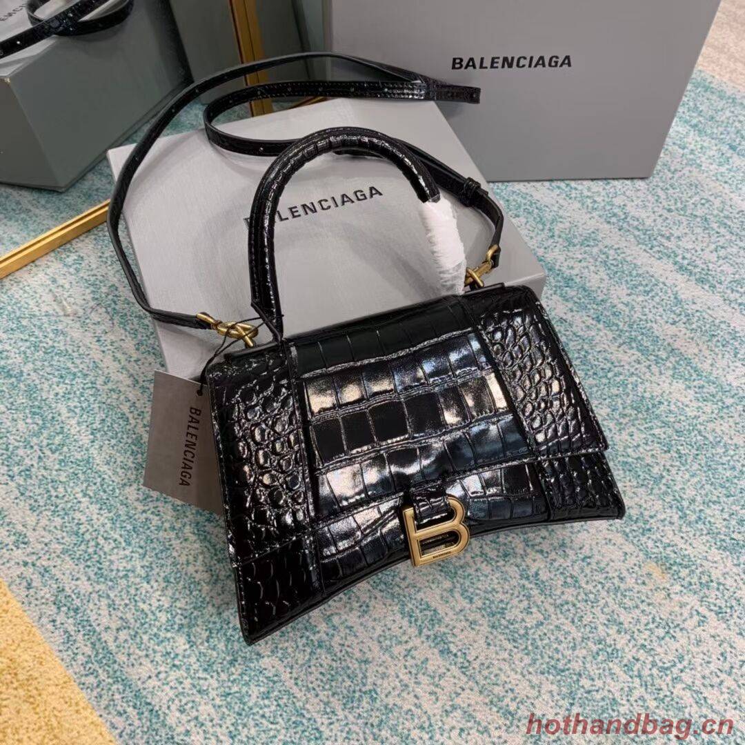 Balenciaga HOURGLASS SMALL TOP HANDLE BAG crocodile embossed calfskin B108895E black