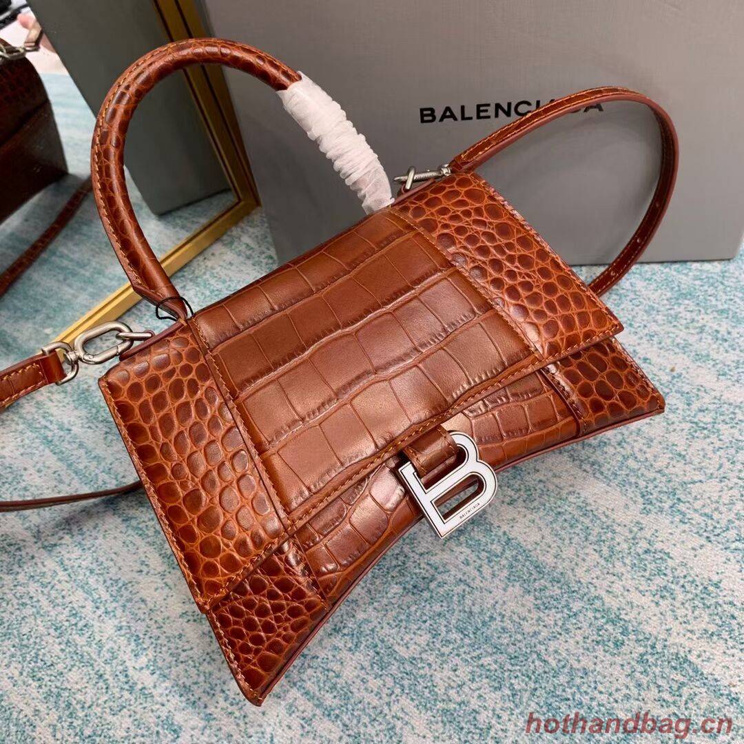 Balenciaga HOURGLASS SMALL TOP HANDLE BAG crocodile embossed calfskin B108895E brown