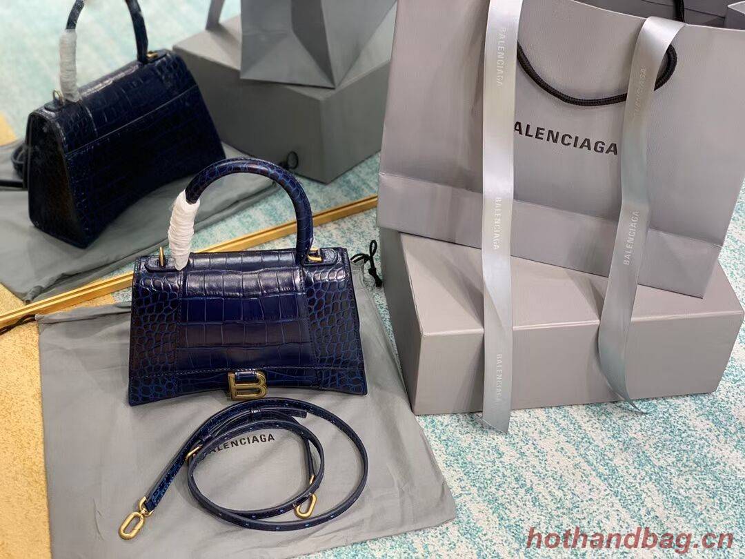 Balenciaga HOURGLASS SMALL TOP HANDLE BAG crocodile embossed calfskin B108895E dark blue