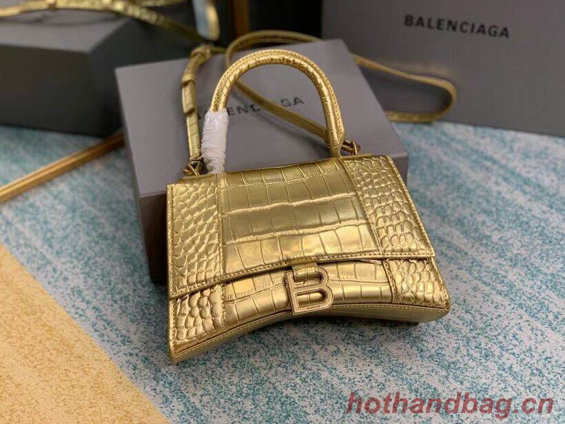 Balenciaga HOURGLASS SMALL TOP HANDLE BAG crocodile embossed calfskin B108895E gold