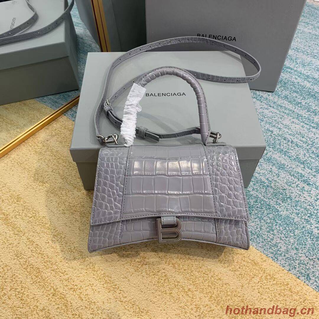 Balenciaga HOURGLASS SMALL TOP HANDLE BAG crocodile embossed calfskin B108895E grey