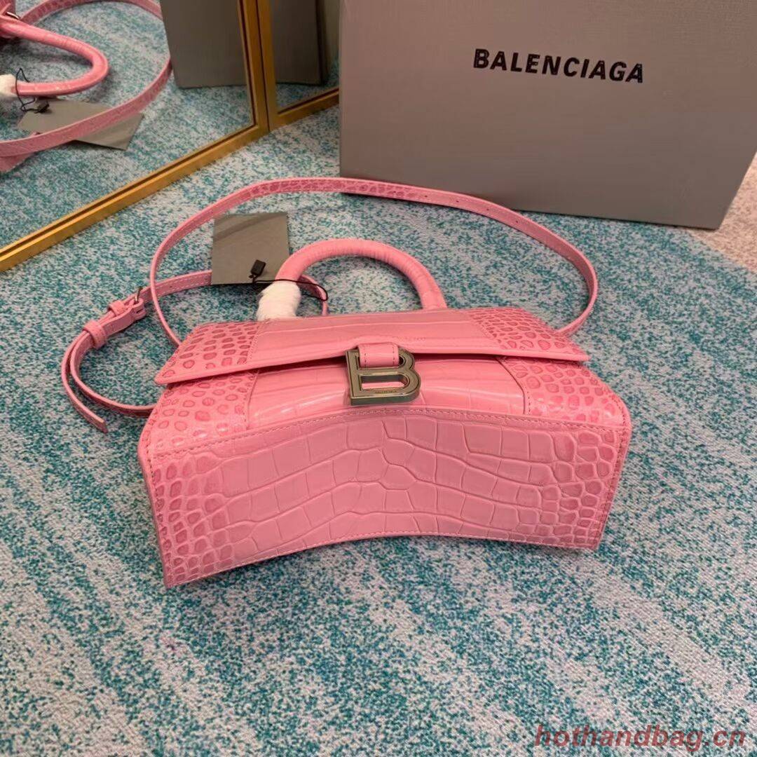 Balenciaga HOURGLASS SMALL TOP HANDLE BAG crocodile embossed calfskin B108895E pink