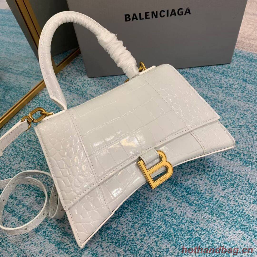 Balenciaga HOURGLASS SMALL TOP HANDLE BAG crocodile embossed calfskin B108895E white