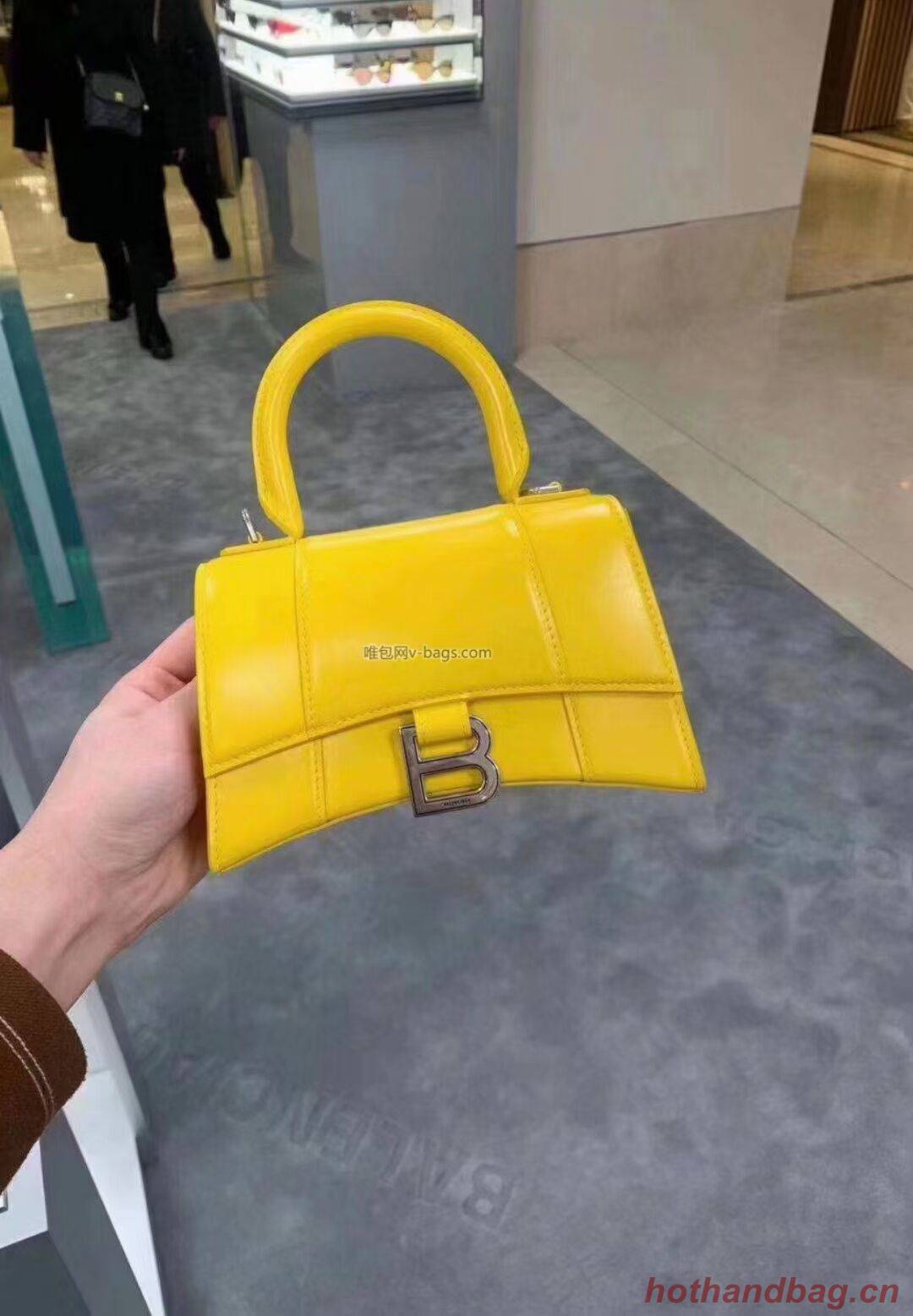 Balenciaga Hourglass XS Top Handle Bag shiny box calfskin 28331 yellow