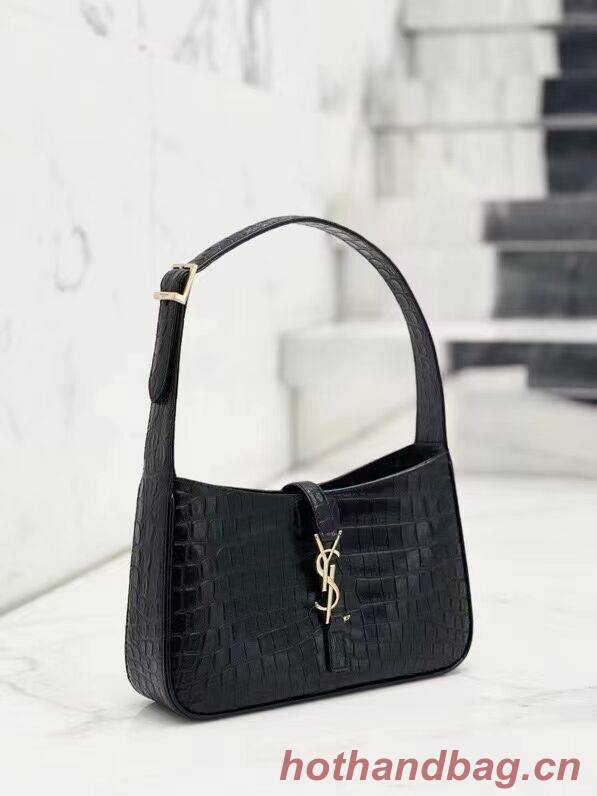 YSL LE 5 A 7 HOBO BAG IN CROCODILE-EMBOSSED SHINY LEATHER Y687228 black