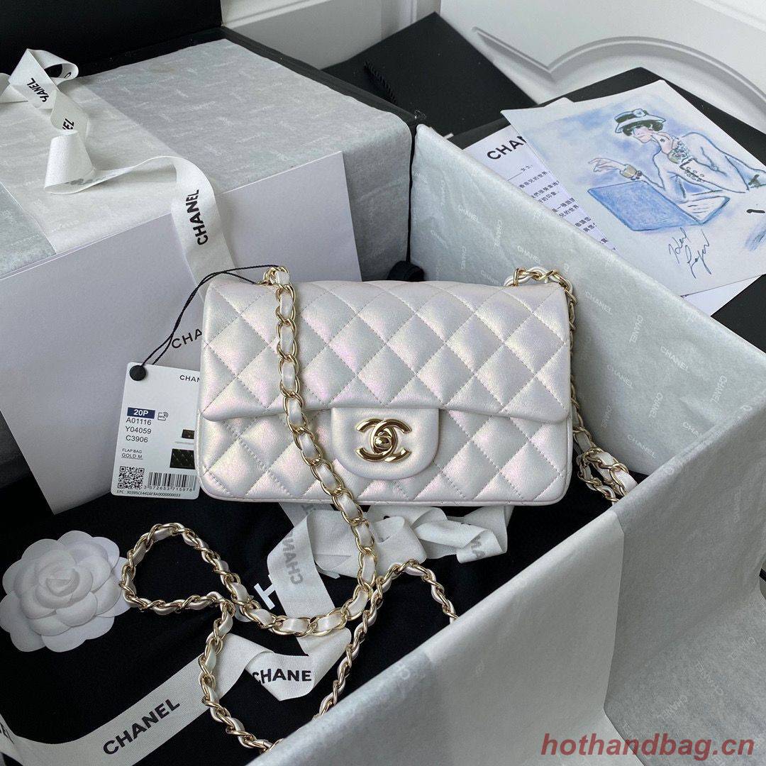 chanel flap bag Iridescent Calfskin & Light Gold-Tone AS1116 Pearl White