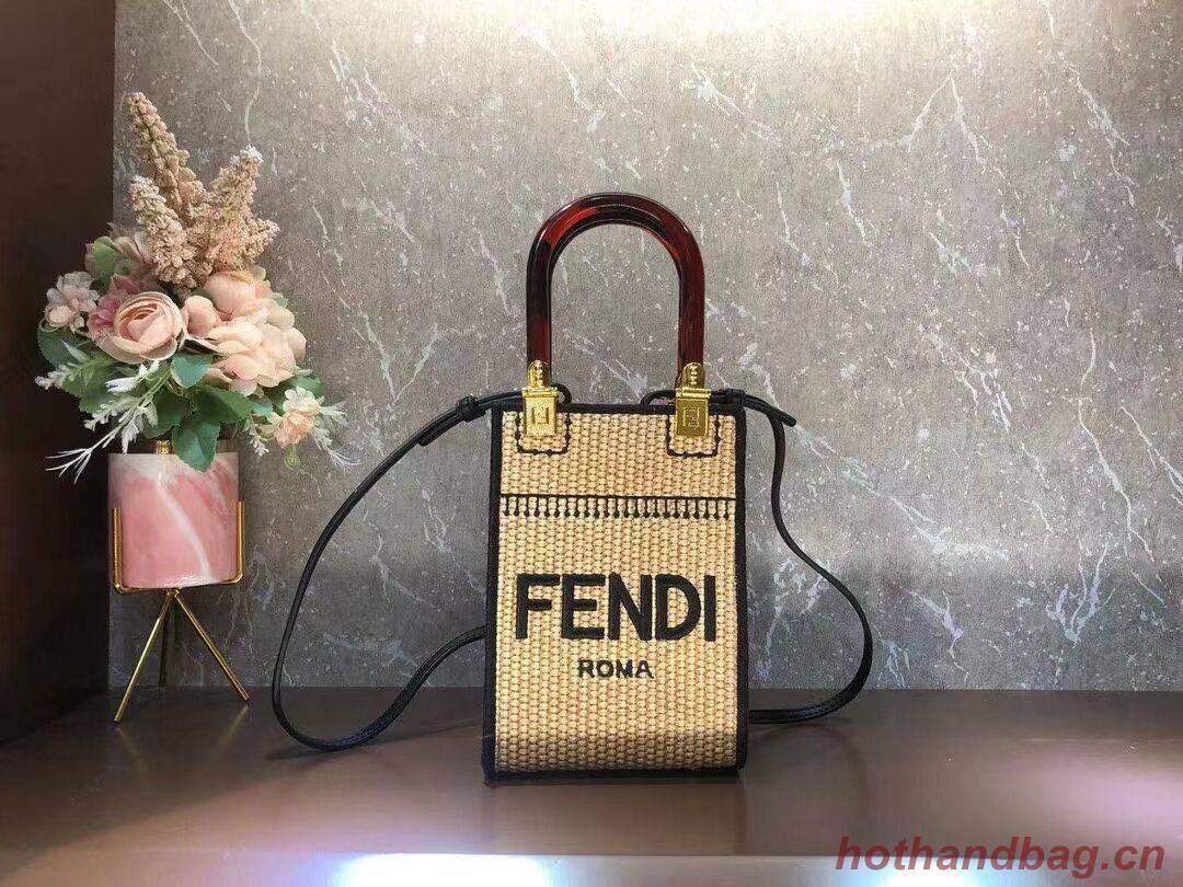 FENDI MINI SUNSHINE SHOPPER Braided straw mini-bag 8BS051 apricot