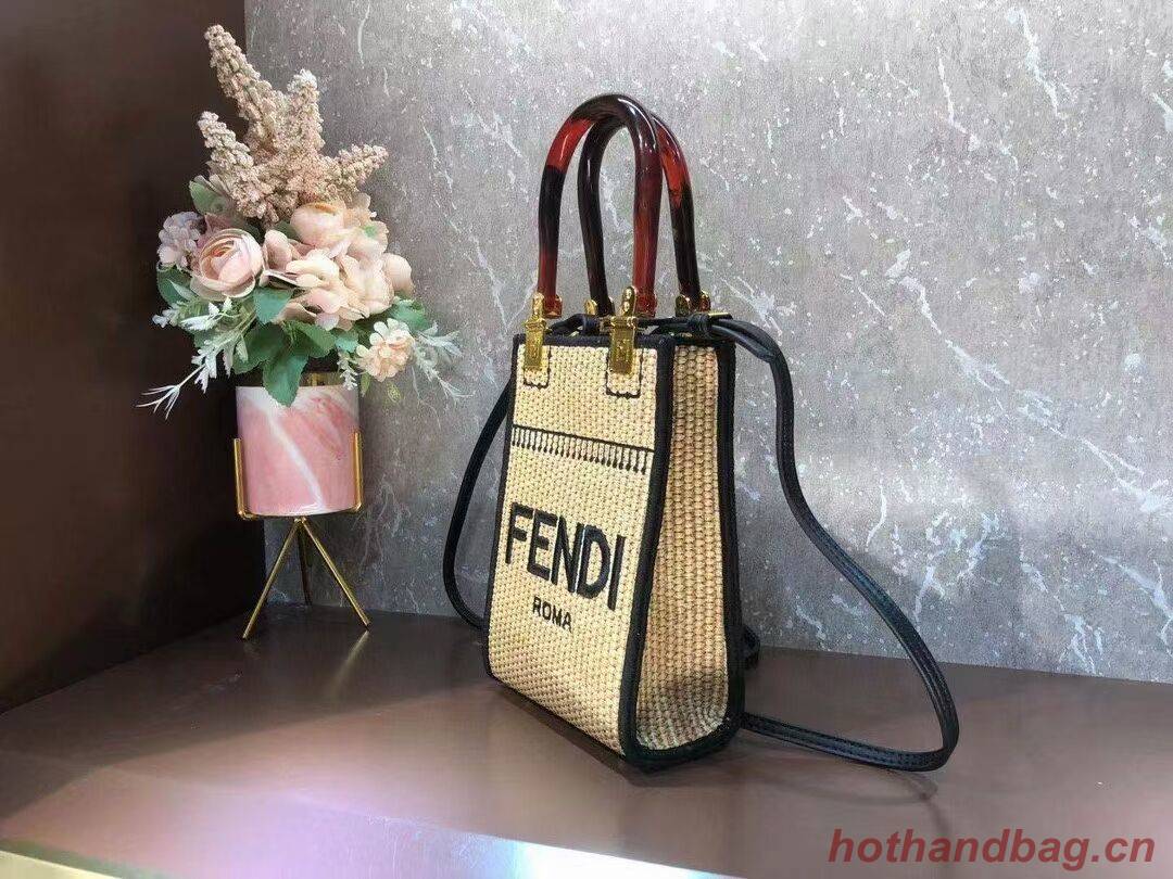 FENDI MINI SUNSHINE SHOPPER Braided straw mini-bag 8BS051 apricot